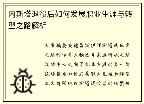 内斯塔退役后如何发展职业生涯与转型之路解析